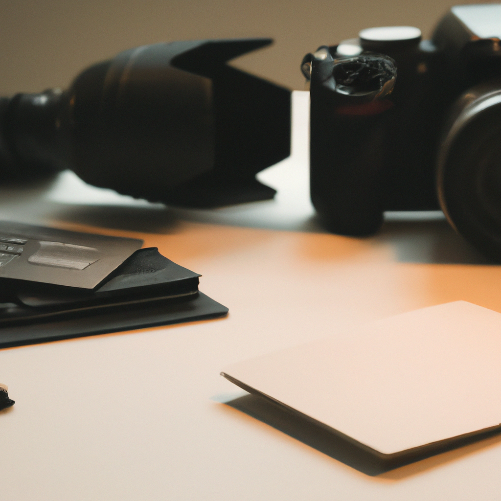 High resolution still life of journalism tools: camera, notepad, press card, soft light